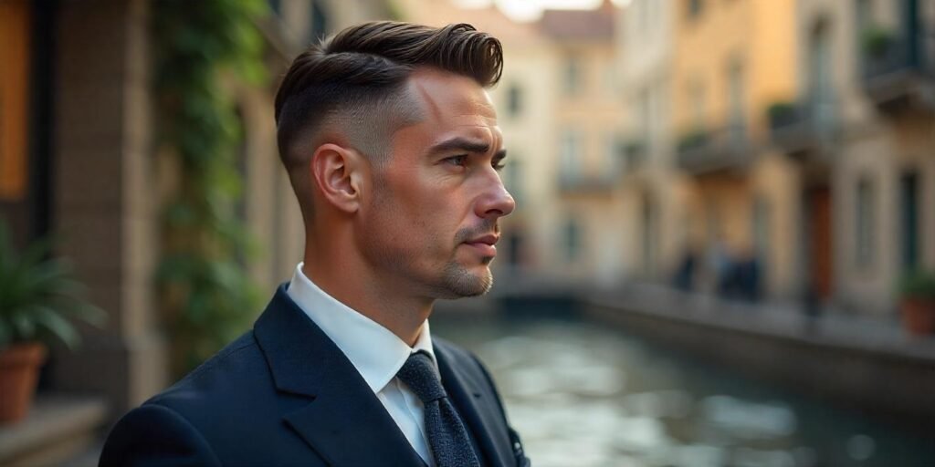 "Realistic photo of a man with an undercut hairstyle in a 1920s vintage suit, exuding confidence."