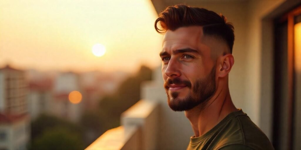 Realistic photo of man with dark brown mussed waves, shaved sides, beard, and undercut in romantic sunset setting