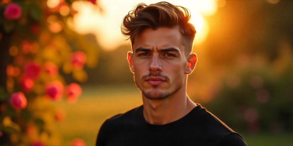 Young man with dark layered thick hair and voluminous crown blowout styled for a bold bad boy look outdoors