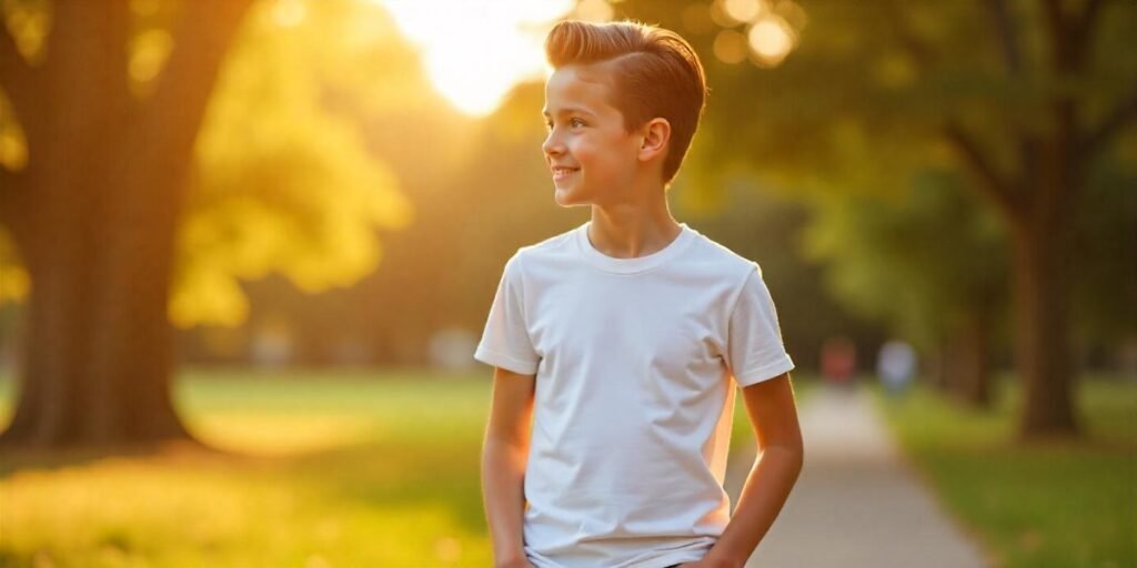 Photorealistic boy with slicked back brown hair smiling in romantic park light wearing white shirt and jeans