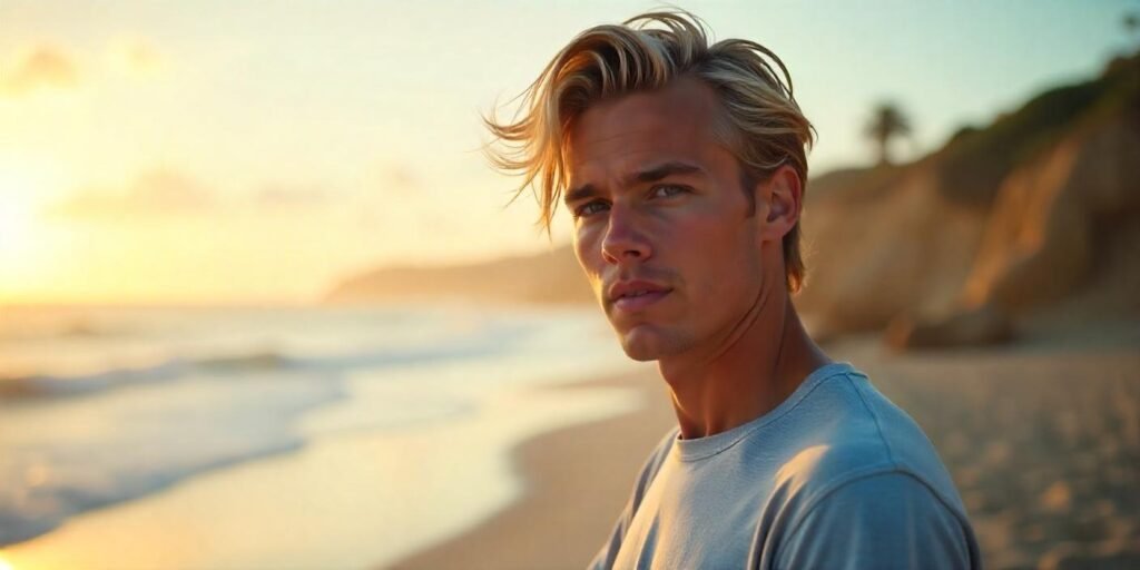 Man with backcombed thin hair featuring blonde to golden tips styled in a surfer vibe against a romantic beach backdrop