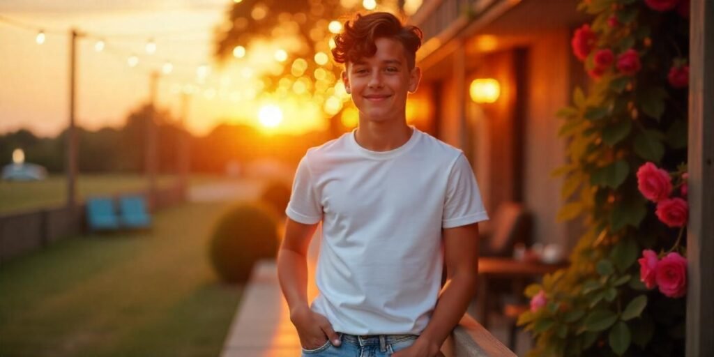 Teen boy with curled tapered haircut and fade styled naturally in romantic outdoor golden hour setting