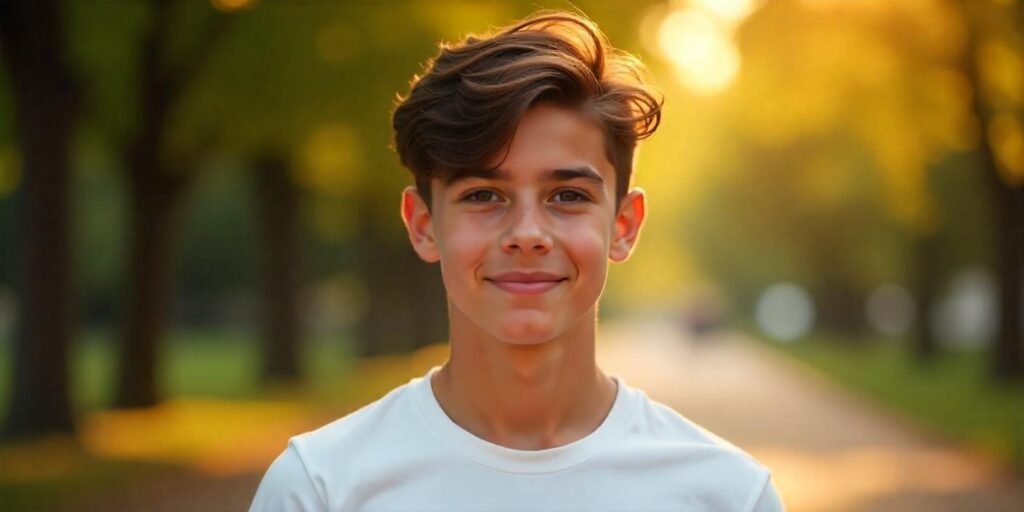 Teen boy with dark brown brushed back wavy undercut hairstyle wearing a white T-shirt in a romantic outdoor setting