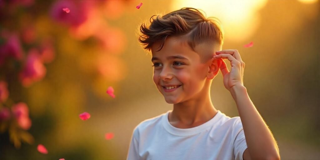 Teen boy with a wavy low taper fade haircut, wearing white t-shirt, posing outdoors with sunset romantic background and natural expression