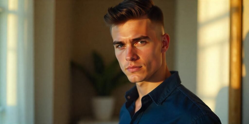 "Young man with a sleek clean cut hairstyle, wearing navy blue shirt and denim jeans, in romantic setting."