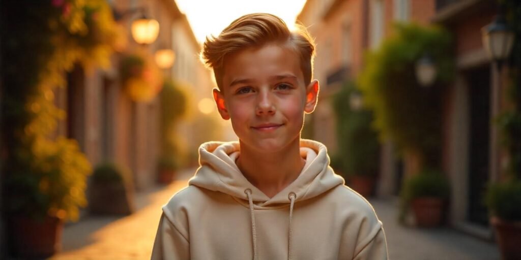 Teen boy with light brown brushed-over fine hair and undercut posing in romantic golden hour street scene
