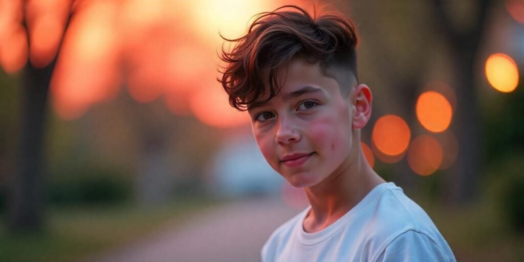 Teenage boy with natural wavy asymmetrical haircut wearing white tee in romantic sunset background