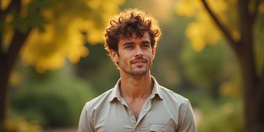 "Young man with curly mullet hairstyle in a romantic garden setting, smiling calmly."