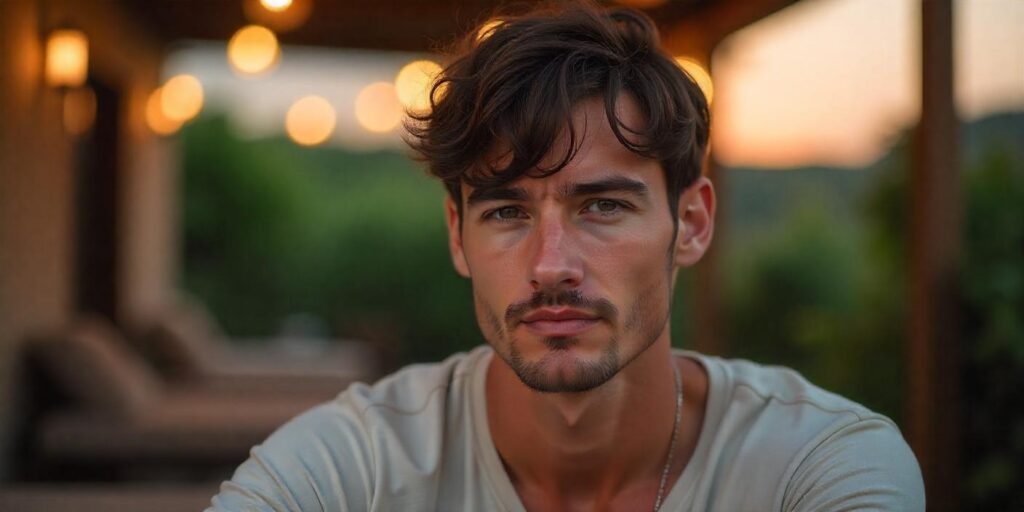 "Men's fringe haircut with forward-swept bangs, casual look, and romantic outdoor setting."