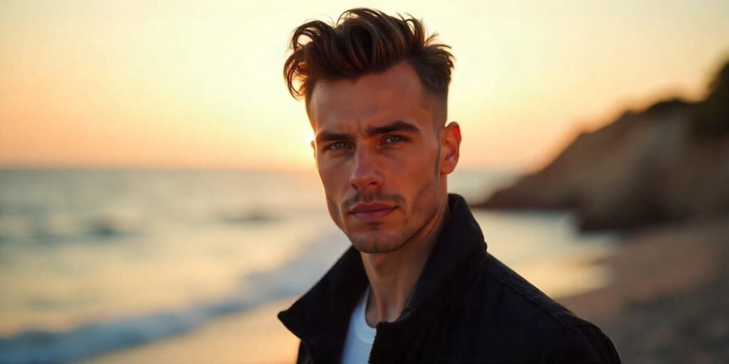 Stylish man with tapered quiff and textured layers hairstyle, wearing a black jacket in a romantic outdoor setting.