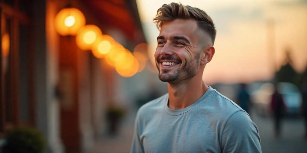 "Realistic image of a man with a buzz cut and tapered fade hairstyle in a romantic background."
