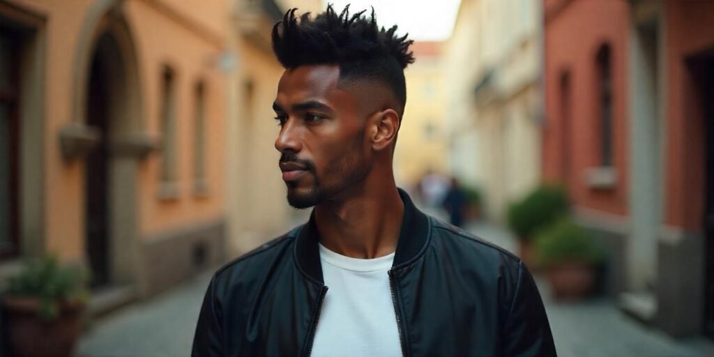 "Young man with flat top Black haircut, casual jacket, and confident expression in a romantic vibe background"