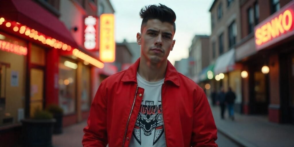 Realistic 1980s photo of a boy with a geometric flat top haircut wearing red jacket, urban setting with a romantic street vibe