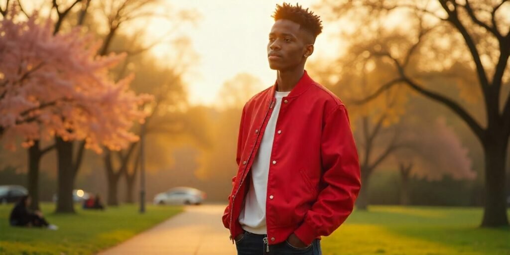Confident African American teen boy with flat top haircut in red jacket standing in park with romantic golden hour background