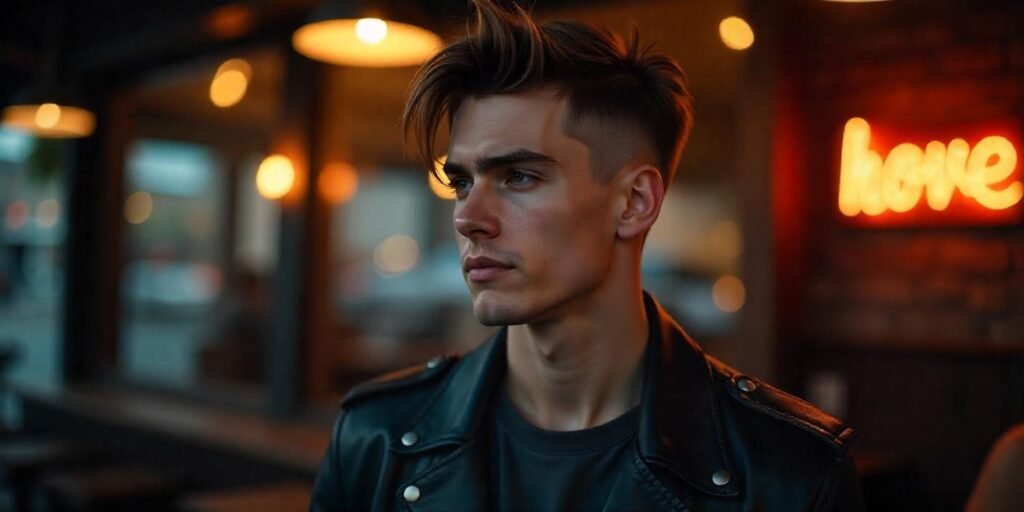 Men's razored cut with fang bangs, dark brown hair, black leather jacket, romantic background