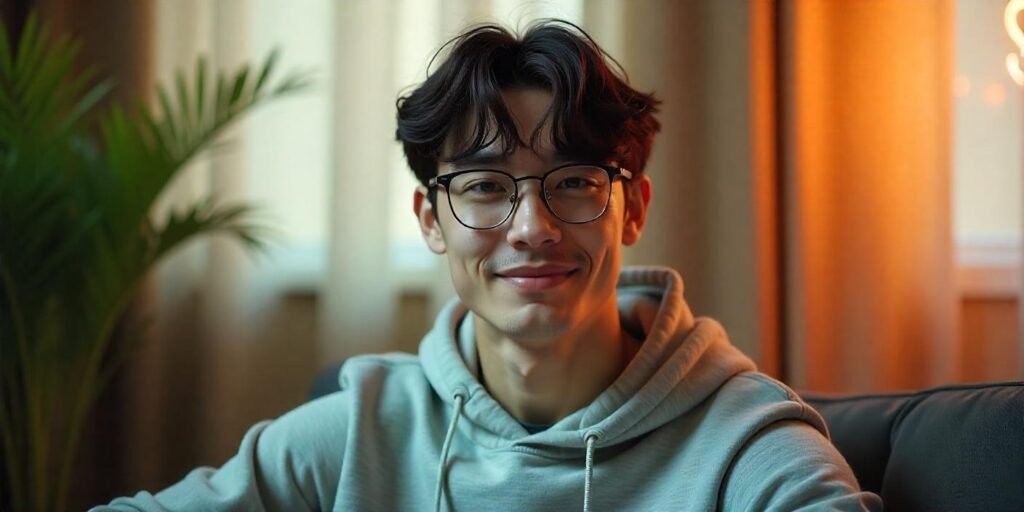 "Realistic image of a young man with mid-length curtain bangs and glasses in a romantic setting"