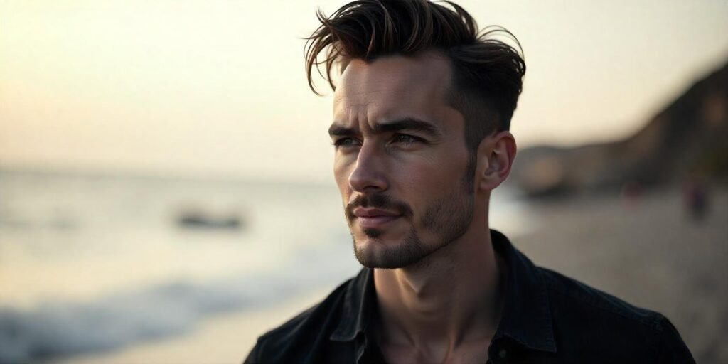 Textured slick-back hairstyle for men with a relaxed, stylish finish and a romantic outdoor background.