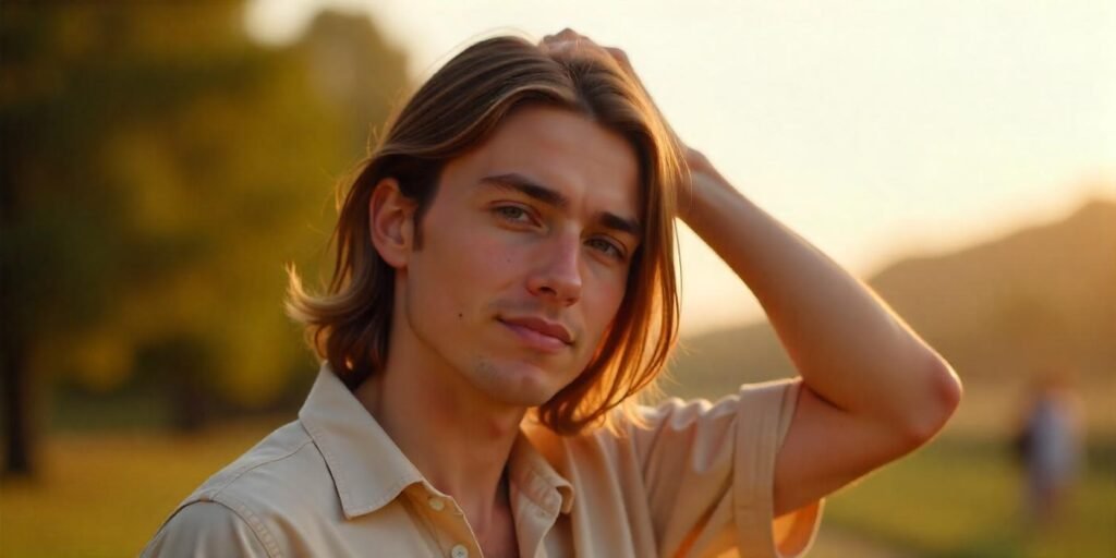 Man with shoulder-length straight hair tying it into a man bun in a romantic outdoor scene.