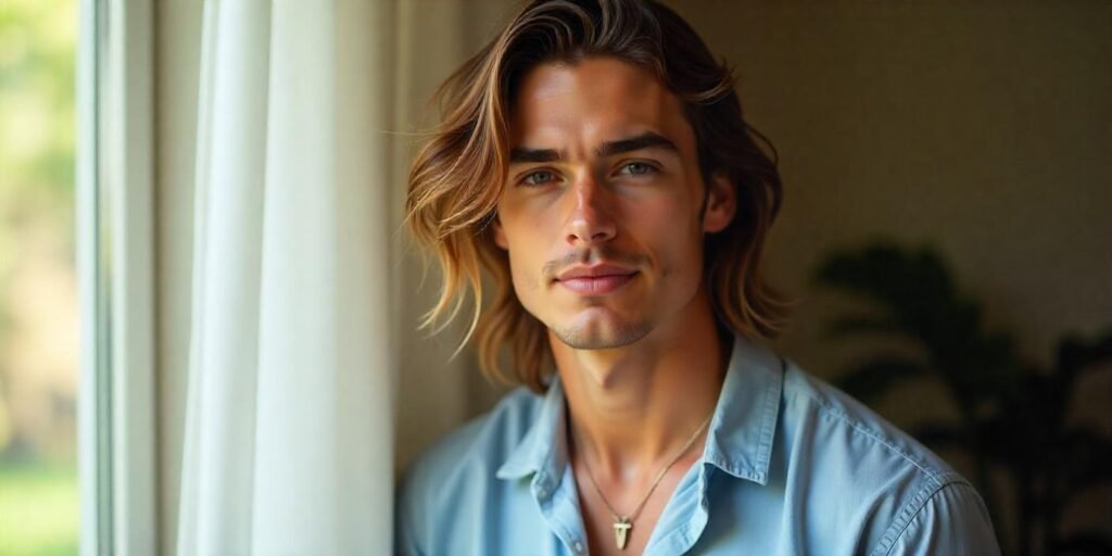 Long flow hairstyle for men, styled with mousse for volume, set in a romantic, natural background.