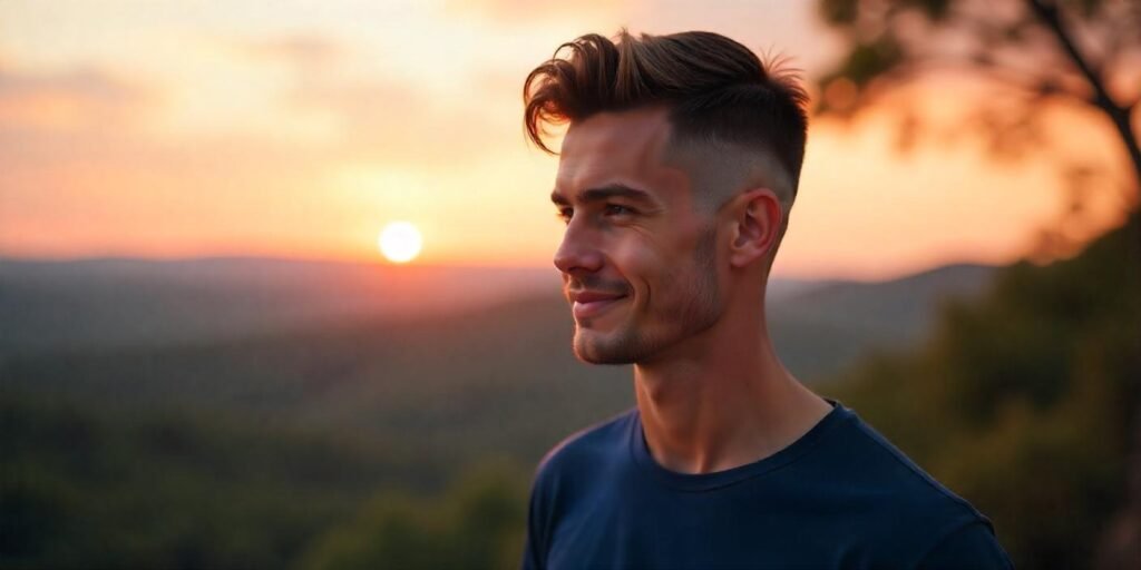 "Real photo of a young man with a high taper fade haircut in a romantic setting with a natural look."