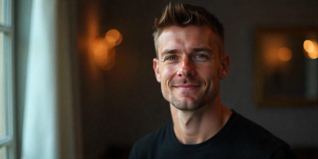 "Man with short textured crop haircut, wearing black T-shirt, in romantic setting with minimal styling."