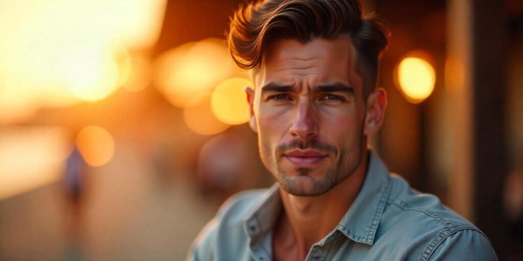 "Man with Taper Fade Mullet hairstyle, casual button-up shirt, romantic sunset background"