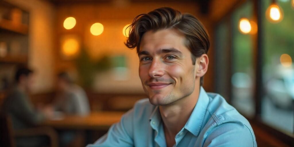 Side-swept Ivy League haircut on a young male, wearing a light shirt, with a relaxed yet neat appearance.