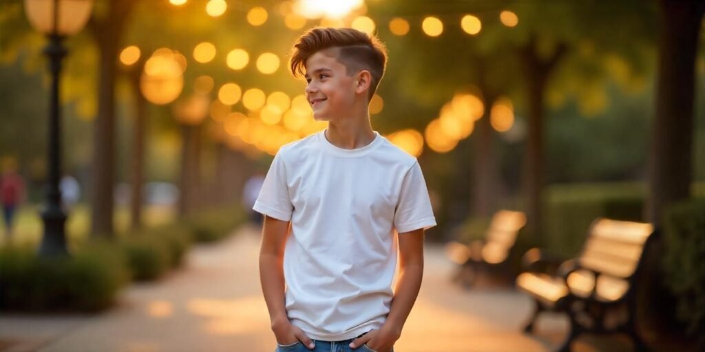 Teenage boy with dark brown undercut and long top hairstyle in white shirt standing in a romantic urban park