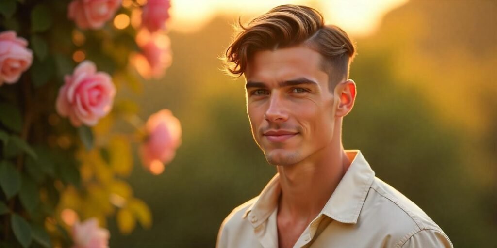 Young man with a textured disconnected cut styled with gel, beige shirt, romantic background, and natural look