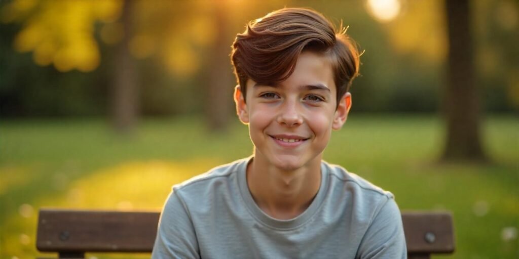 Teen boy with dark brown layered comb over hairstyle and ripple texture, sitting outdoors with romantic park background
