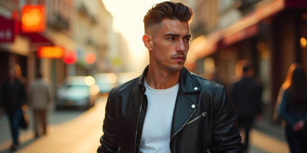 A real-looking photo of a stylish young man with a high fade haircut and a swoopy top, styled with a slicked-back, voluminous front. His hair is natural dark brown, thick and healthy, with a polished shine. He is wearing a fitted black leather jacket over a white t-shirt. He stands casually with one hand in his pocket, looking slightly to the side with a confident but relaxed expression—eyebrows slightly raised, a soft half-smile. The background features a warm, golden-hour city street with subtle romantic lighting, soft bokeh, and a light breeze brushing through his hair. The image must have realistic skin texture, natural lighting, and a perfectly natural-looking neck and jawline—no distortions or artificial blending. Ensure all facial features are sharp and symmetrical, matching real human proportions. The scene should feel modern, romantic, and editorial—like a real fashion photo shoot.
