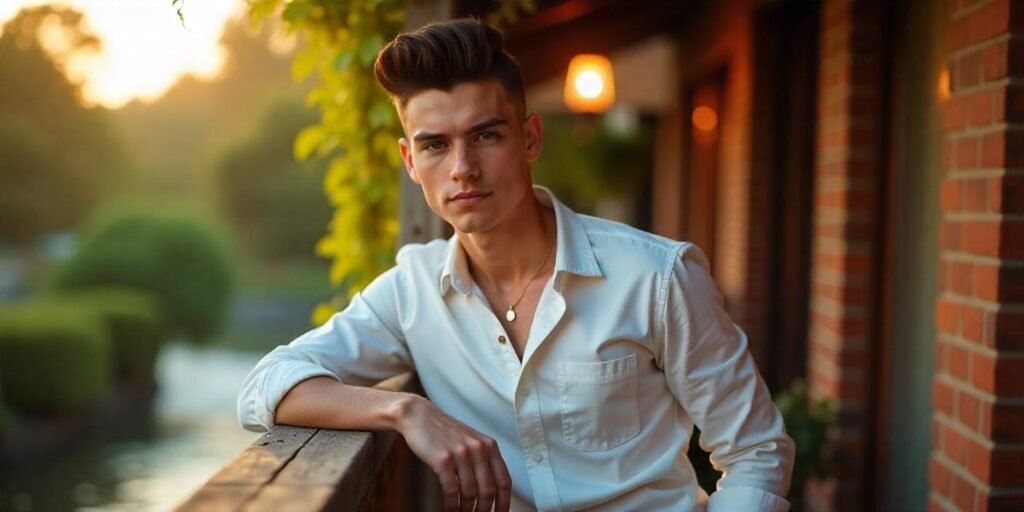Teenage boy with Pompadour and shaved sides hairstyle in white shirt posing confidently in romantic golden-hour background