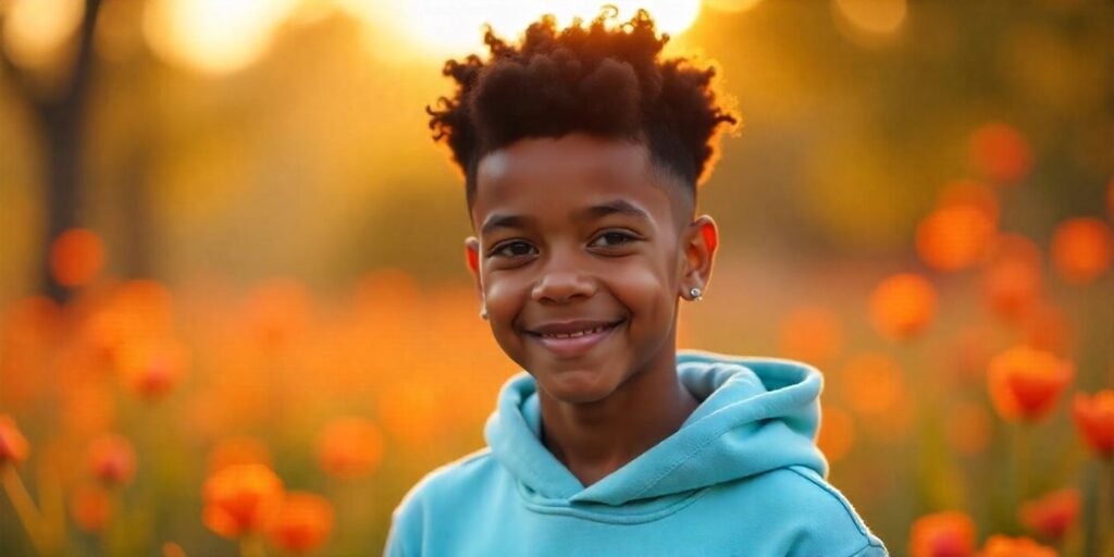 Teen boy with tapered afro hairstyle featuring low fade natural curls and line-up in romantic outdoor setting