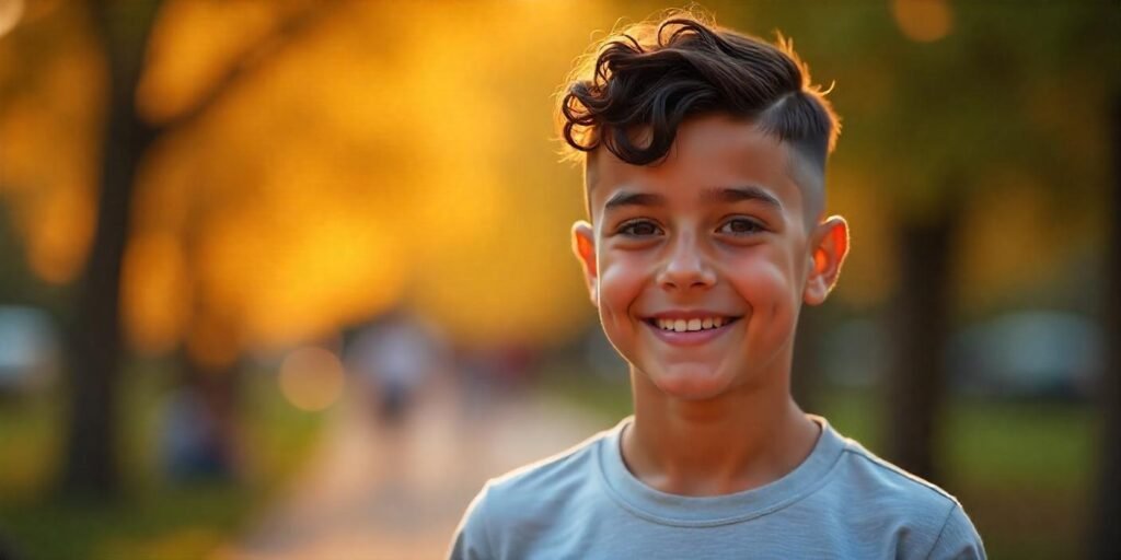 Boy with undercut twist back top hairstyle showing spiral rows on thick hair in romantic golden-hour background scene