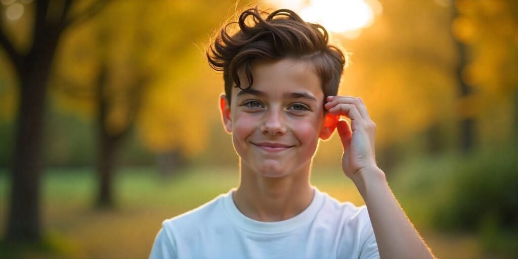 Teenage boy with side-spiked fringe haircut, styled with wax and dryer, posing confidently in romantic outdoor background