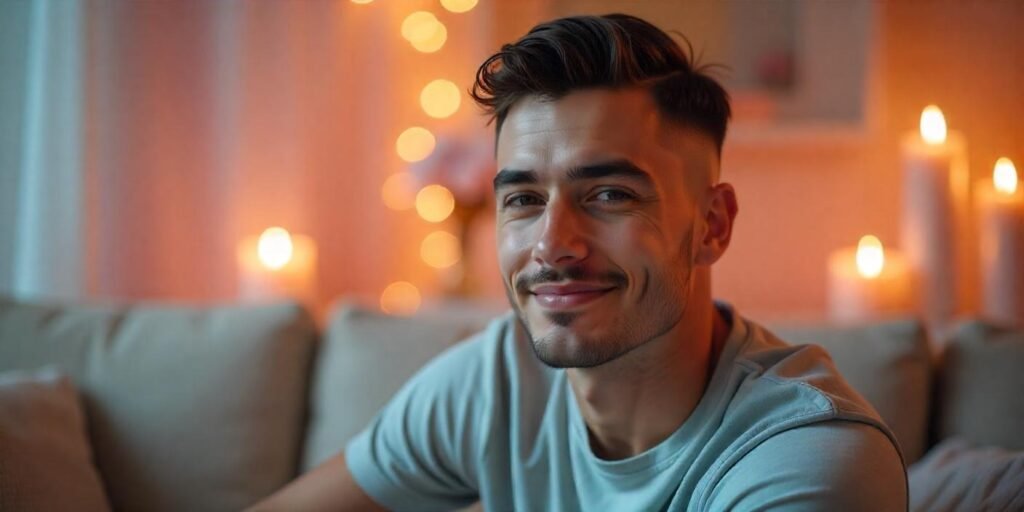 Realistic image of a young man with a grown-out fade haircut wearing a light gray t-shirt in a romantic setting

