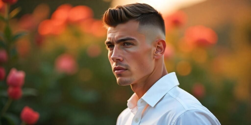 Realistic photo of a man with ultra-low top crew cut hairstyle, sharp fade, wearing white shirt in romantic outdoor setting

