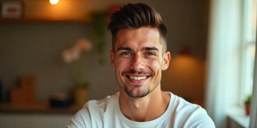 Realistic photo of man with pointy top crew cut hairstyle, spiky crown, short sides, white T-shirt, romantic background

