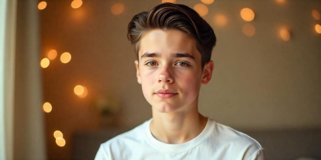 Teenage boy with slicked-back damp dark brown hair in white t-shirt, romantic softly lit background