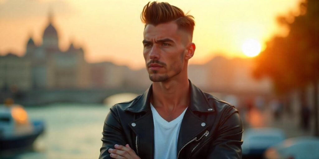 "Stylish short pompadour hairstyle with high fade on young man, romantic background"