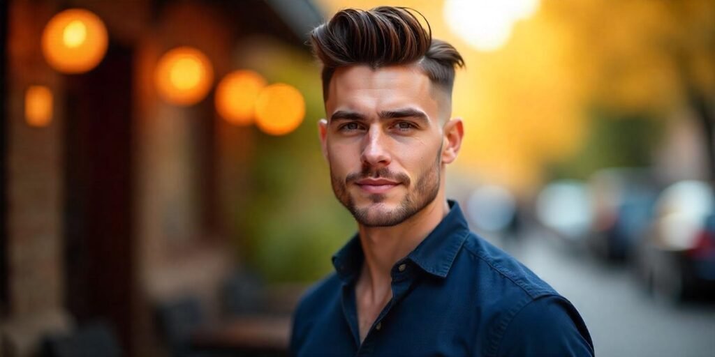 "Man with skin fade and textured pomp hairstyle in a romantic outdoor setting."