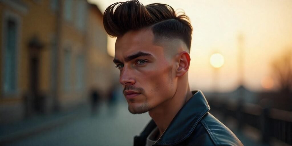 "Disconnected pompadour hairstyle for men with bold contrast, romantic background, and edgy fashion."