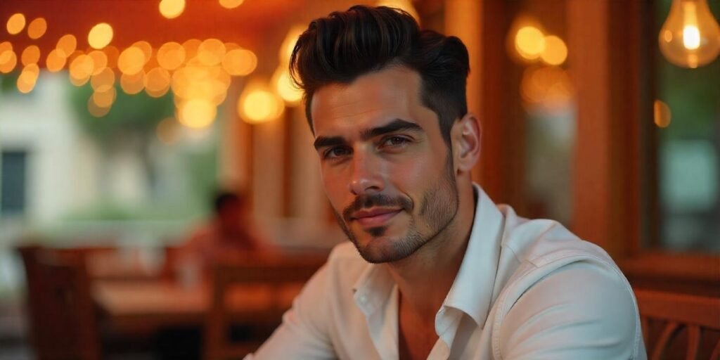 "Side part pompadour hairstyle on a young man, featuring thick dark hair, confident expression, and a romantic background."