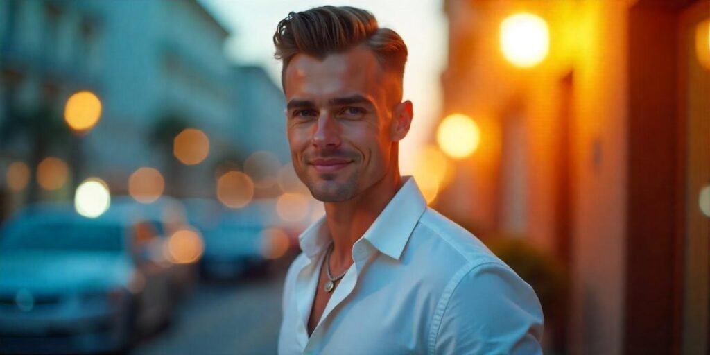 Handsome man with a slicked back pompadour hairstyle and tapered fade, dressed in a white shirt.