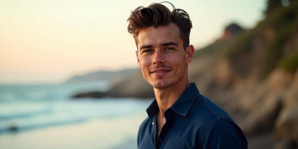 "Man with wavy pompadour hairstyle, dressed in navy shirt, showcasing a bold yet relaxed look."