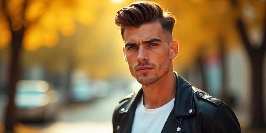 "Loose pompadour with shaved sides, voluminous top and edgy style for men with relaxed expression and chic outfit"