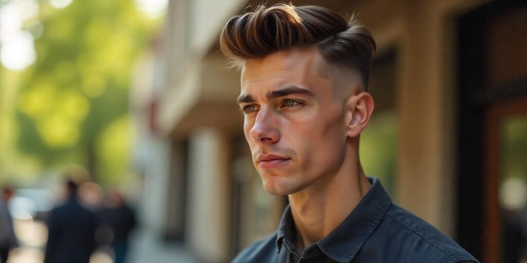Young man with textured relaxed pompadour hairstyle, wearing a casual dark shirt, in a romantic setting.