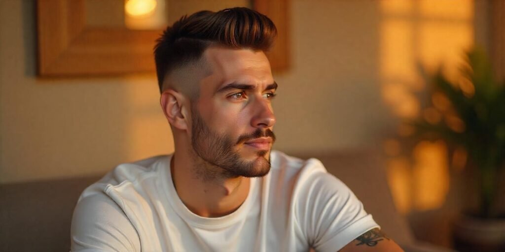 "Man with short Pompadour fade hairstyle in a romantic setting, styled with volume on top."