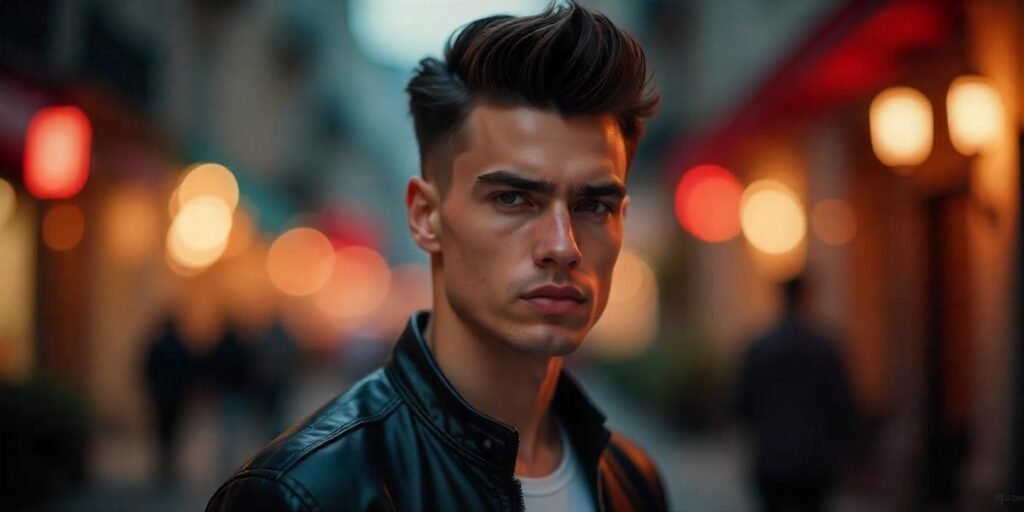 "Man with pompadour fade hairstyle, black leather jacket, and romantic background."