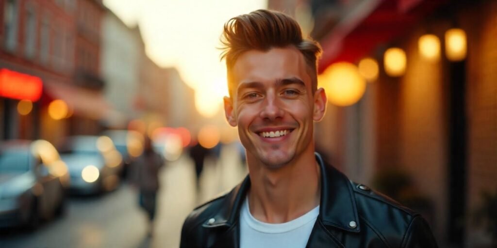 Pompadour hairstyle for men with a sleek, textured look and romantic outdoor background.